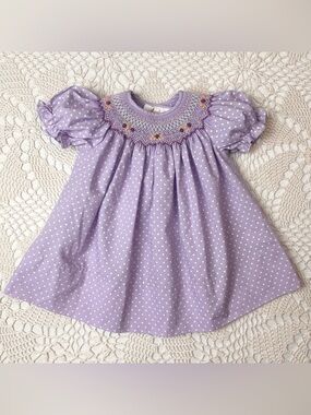 Rosalina Collections Baby Girl 3-6 Months Purple Dotted Smocked Bishop Dress